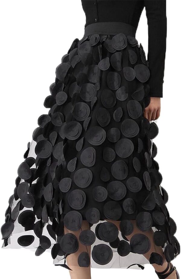 Women Tulle Midi Skirt High Elastic Waist 3D Polka Dot Mesh Skirt A-Line Layered Bubble Skirt Graduation Dress