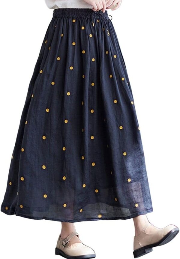 Women's Elegant Polka Dot A-Line Skirt Boho Swing Pleated Cotton Midi Long Skirt