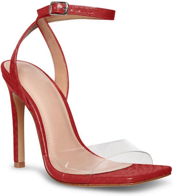 Womens Clear Heels Sandals Square Toe Ankle Strap Sexy High Heeled Stiletto Dress Shoes