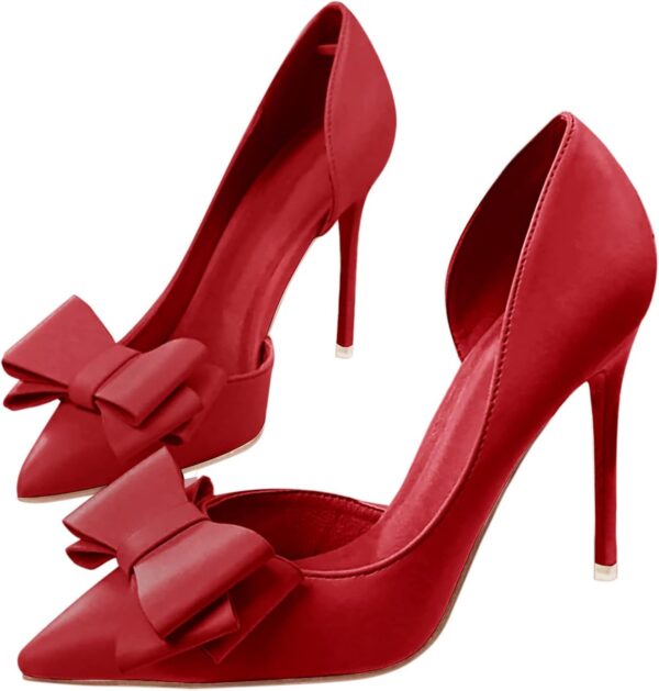 Womens Bow Heels Closed Pointed Toe Dress Shoes Stiletto Slip on Wedding Pumps
