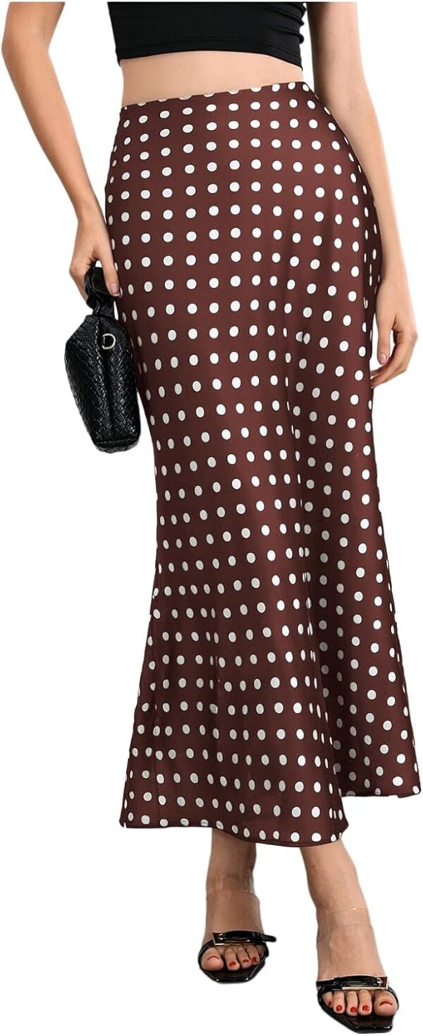 Women's Silk Satin Polka Dots Midi Skirt Vintage Elegant Flowy Pencil Long Skirts