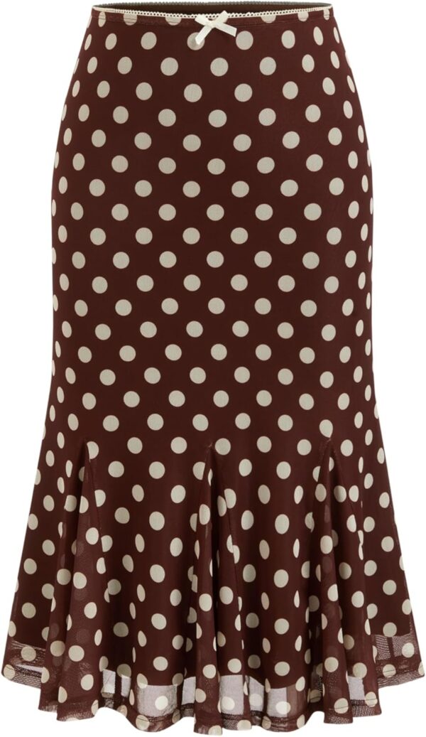 Womens Polka Dot Midi Skirt Vintage Bowknot Sheer Mesh Ruffle Hem Retro Fashion Going Out Casual Skirt Trendy